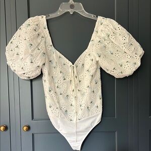 For Love And Lemons White Floral Puff Sleeve Bodysuit
